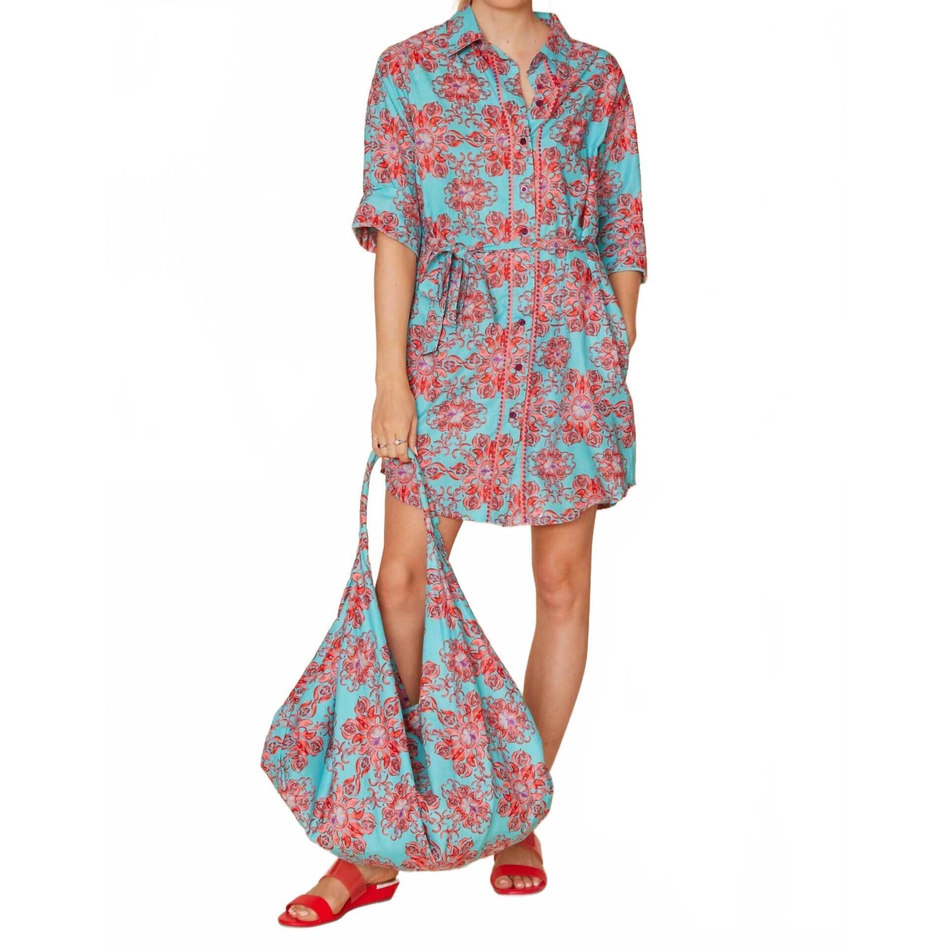 New Modaposa Carlotta Belted Embellished Shirt Dress In Turquoise